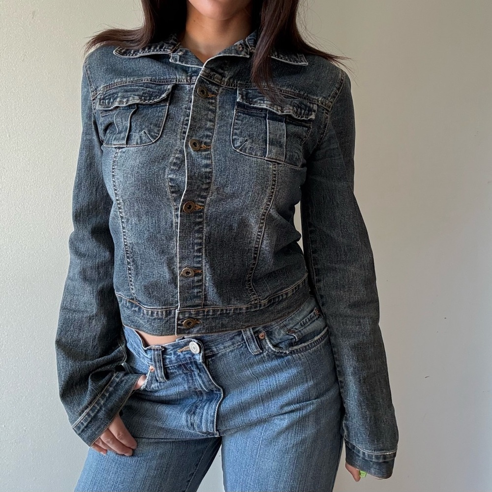 1990s Faded Fitted Denim Jacket -Grunge Y2K Jean Jacket — Small - Picture 5 of 7